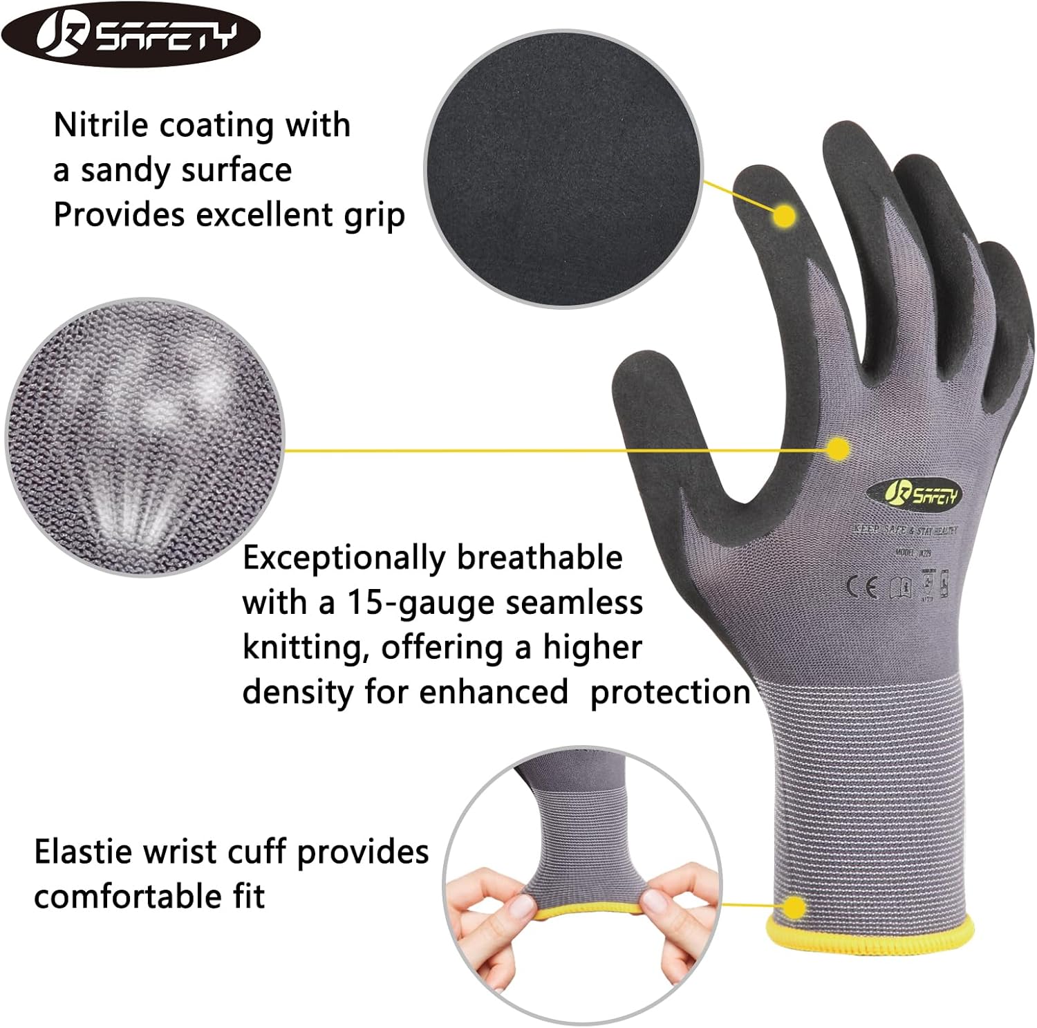 JKSafety Sandy MicroFoam – Guantes de trabajo de seguridad de nitrilo con capacidad para pantalla táctil, 6 pares de guantes de trabajo ligeros,