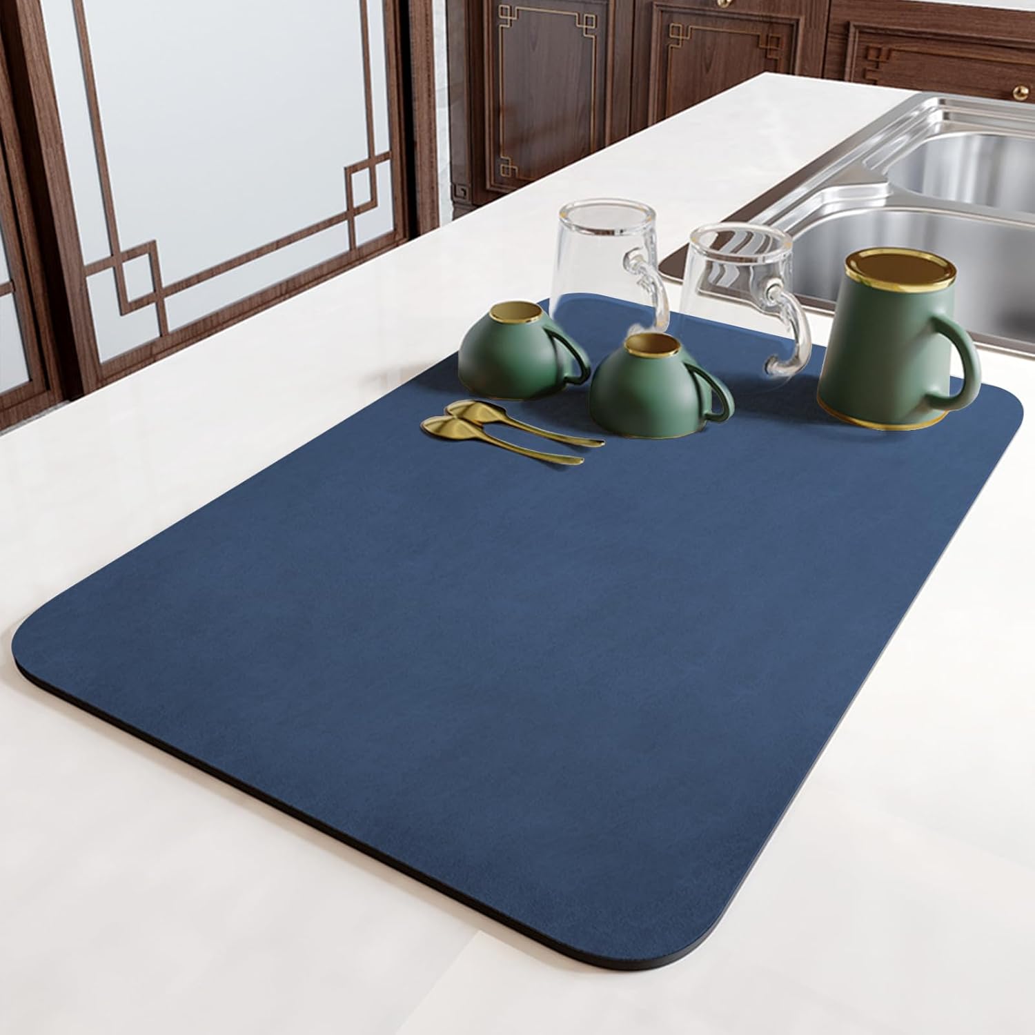 Tapete de secado de platos para encimera de cocina, con parte trasera de goma absorbente, antideslizante, de secado rápido, tapete de café fácil de