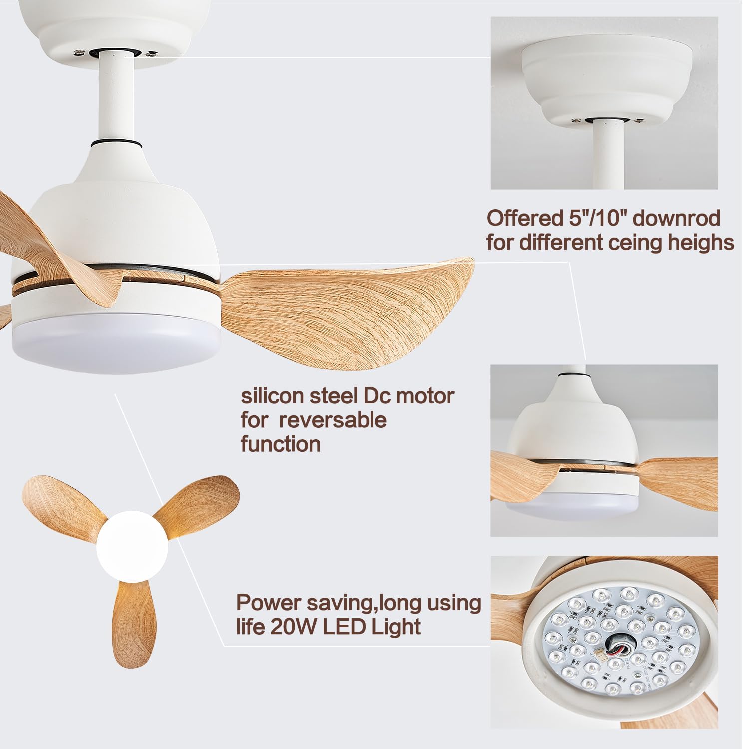 YOLIZUOT Ventiladores de techo regulables de 22 pulgadas con luces, ventilador de techo para exteriores con control remoto, motor de CC silencioso,