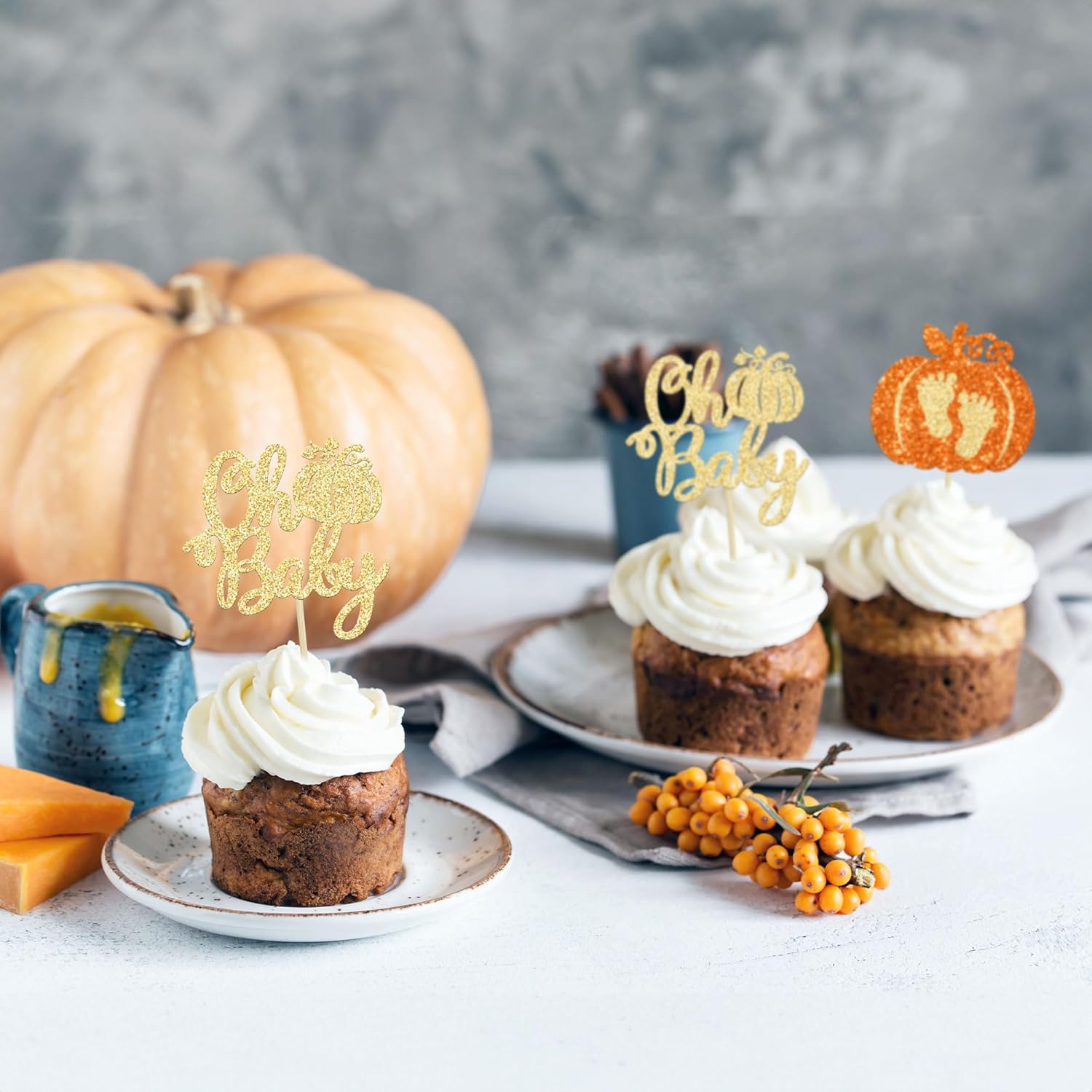 24 piezas de calabaza Oh Baby Cupcake Toppers con purpurina para pies de bebé, calabaza para cupcakes temáticos de otoño, baby shower, fiesta de