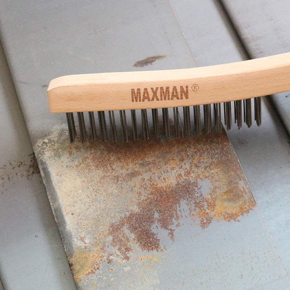 Cepillo de alambre, cepillo de alambre de acero inoxidable para limpiar el óxido con mango de madera de haya curvado de 14 pulgadas de largo, grande