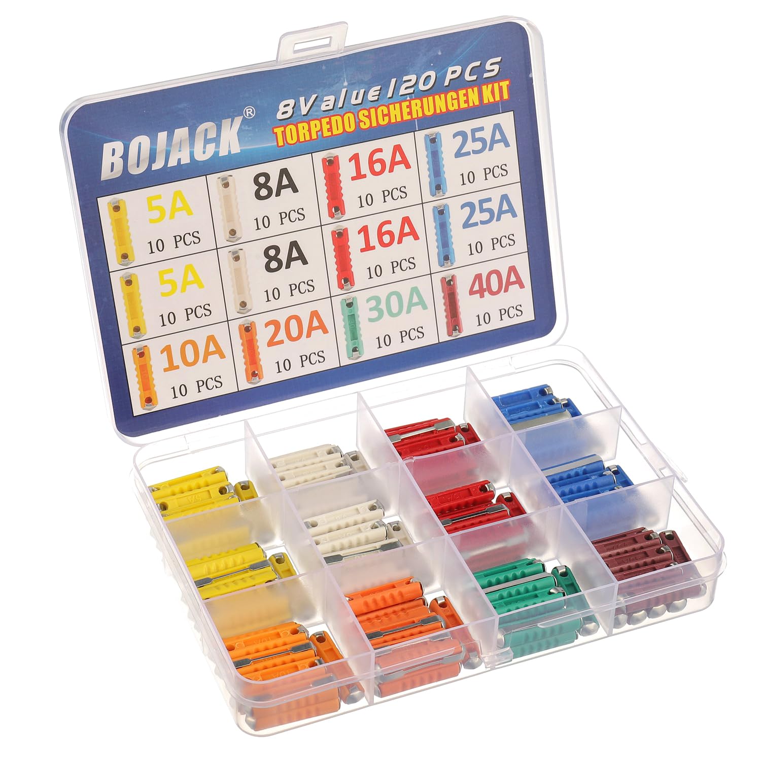 BOJACK Juego de fusibles de torpedo de 8 tipos, 120 piezas, fusibles en forma de torpedo, fusible automotriz 5A, 8A, 10A, 16A, 20A, 25A, 30A, 40A,