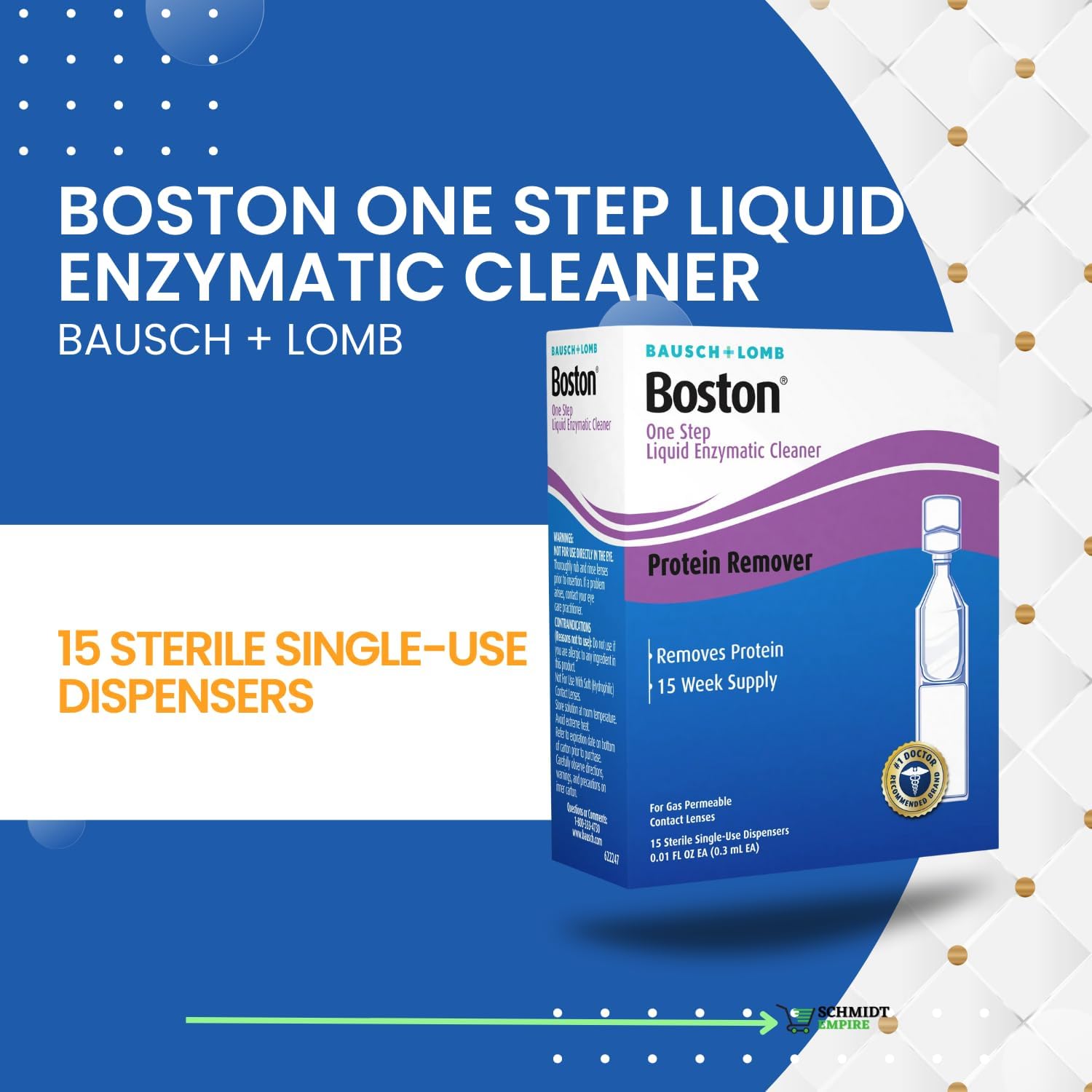 1 limpiador enzimático líquido Boston One Step de Bausch Lomb, 15 dispensadores estériles de un solo uso + 1 funda para lentes de contacto + 1