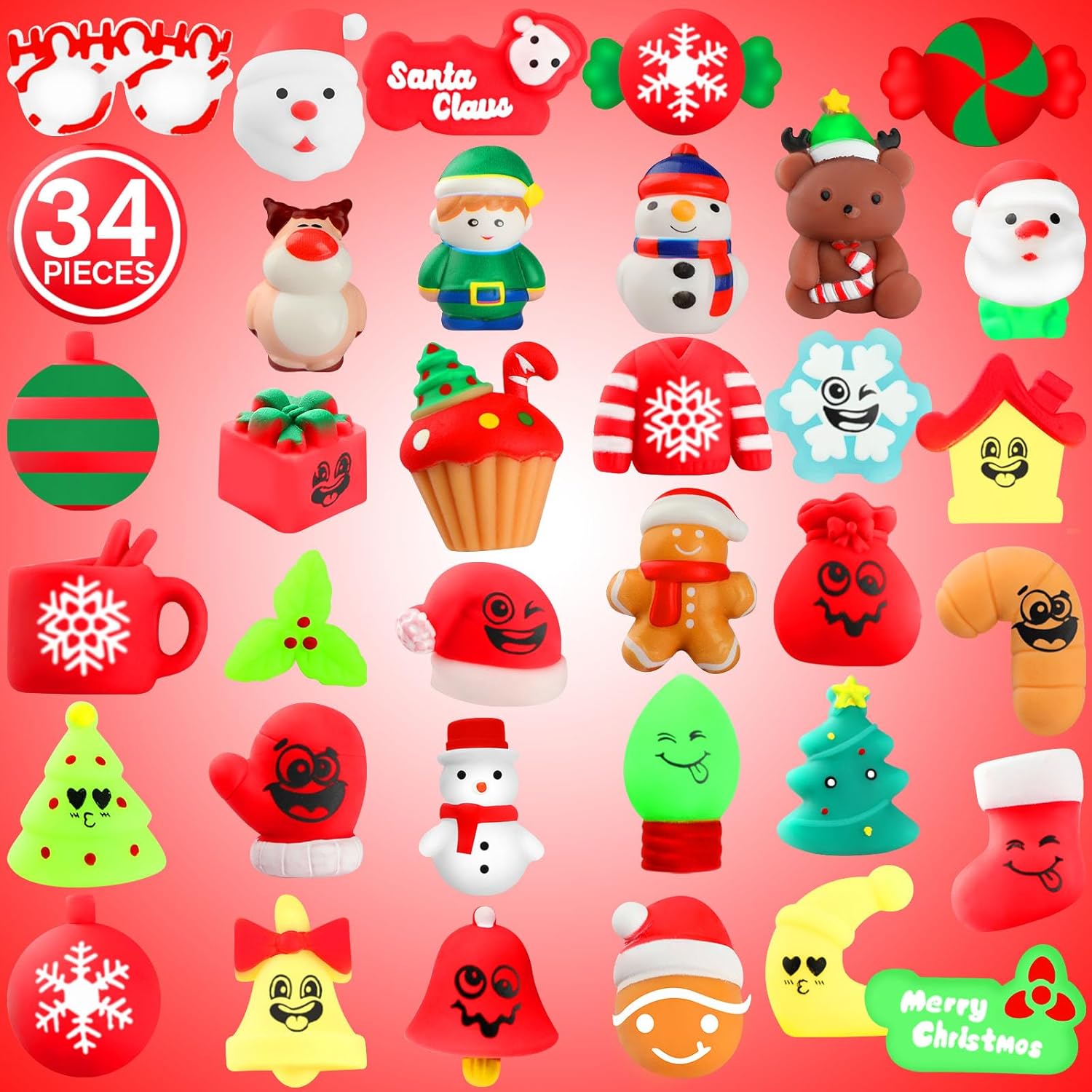 VNAMO Juguetes esponjosos de Navidad, 34 piezas de juguetes esponjosos, regalos de fiesta de Navidad para niños y niñas, Mochi Kawaii Squishy Alivio