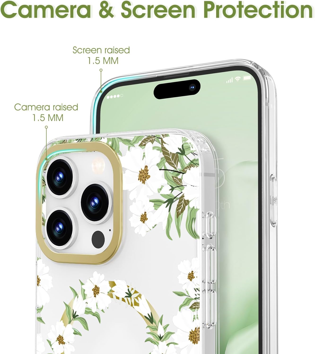 MILPROX Funda compatible con iPhone 15 Pro Max, compatible con MagSafe, bonito patrón floral de flores para niñas y mujeres, funda protectora