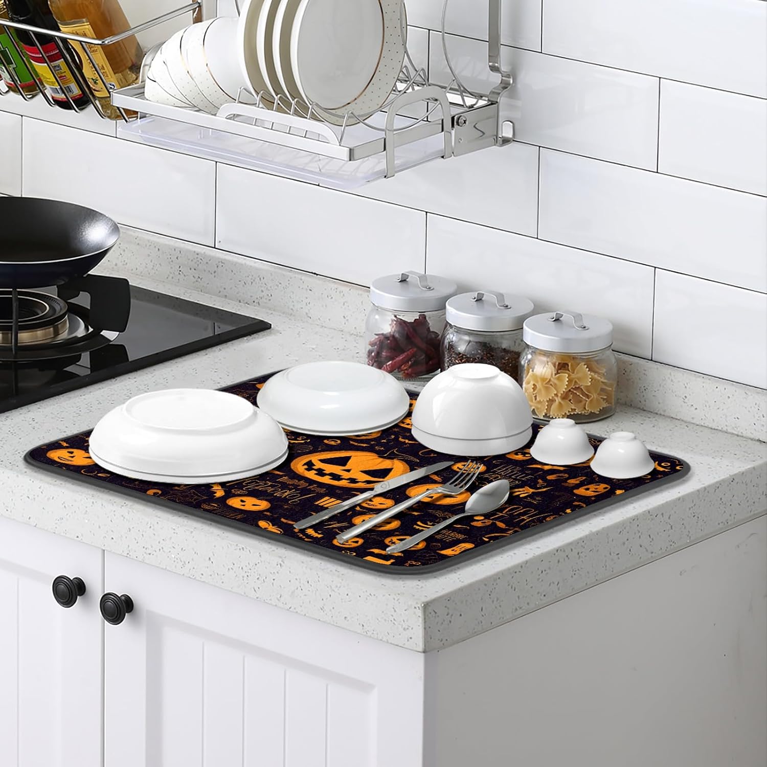 Alfombrillas de secado de platos de calabaza gótica feliz para encimera de cocina, 24 x 18 pulgadas, decoración gótica, almohadilla de secado de