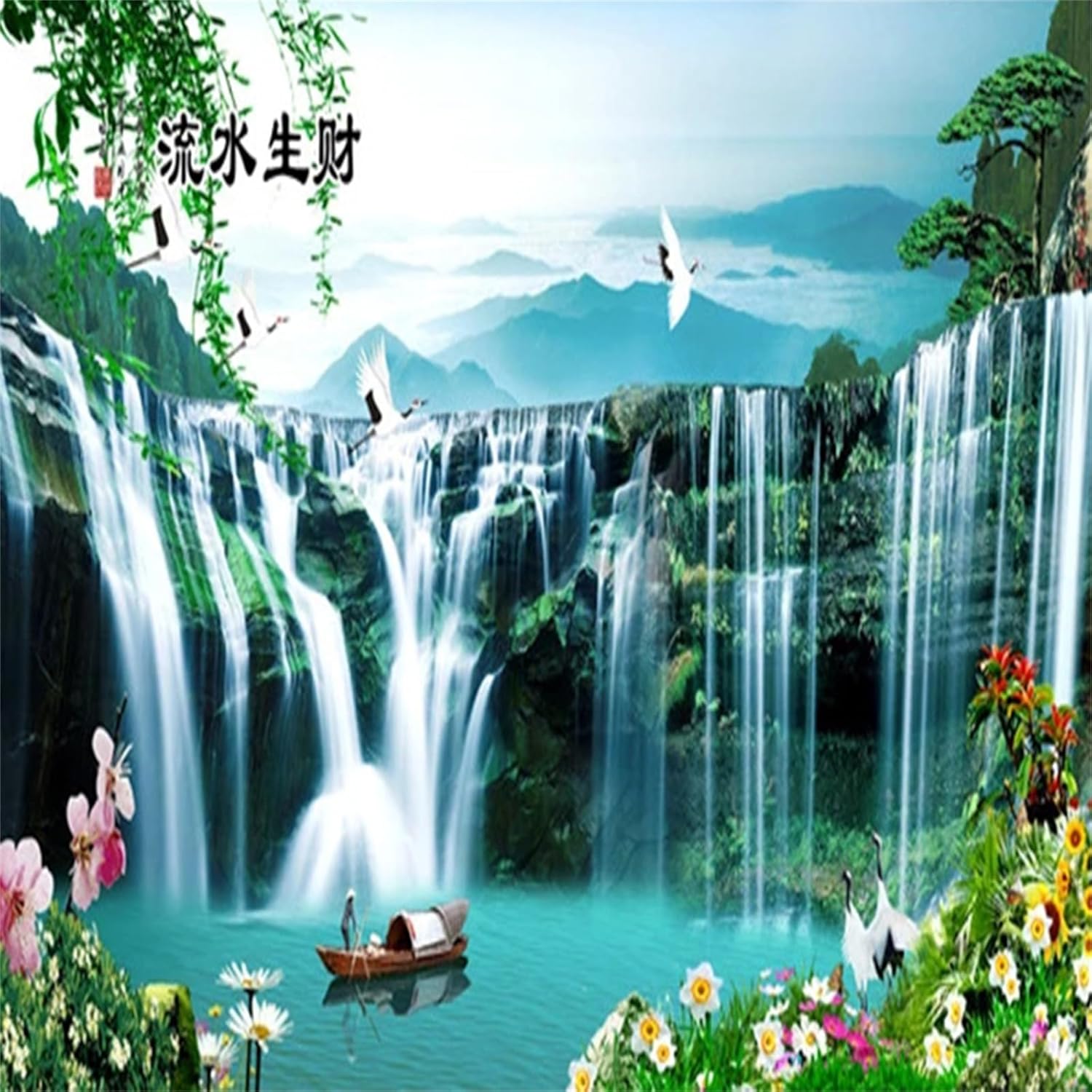 Mural de pared de paisaje natural de cascadas 3D, mural de flores y plantas, calcomanías de pared y murales de estilo chino sin grasa para sala de