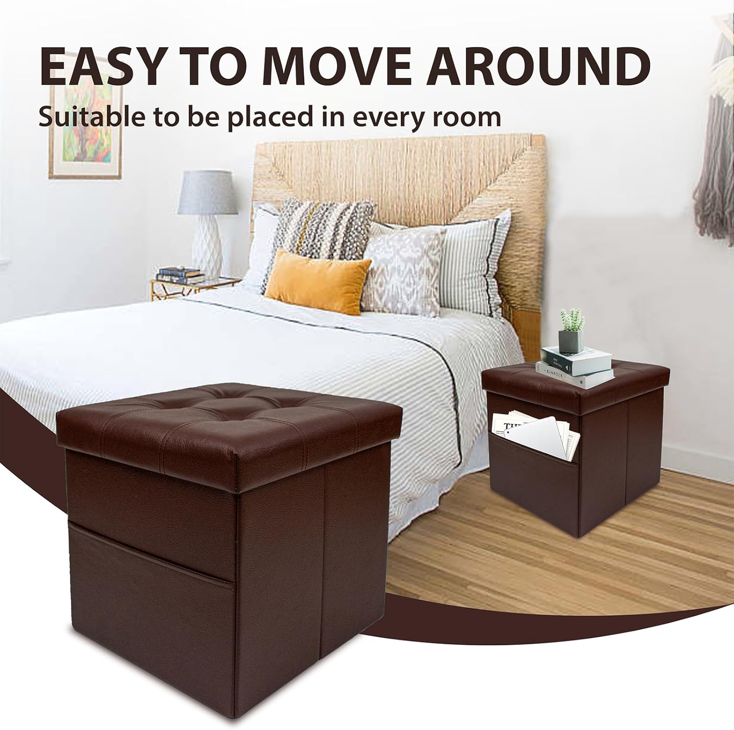 xuperbonus Otomana cuadrada de almacenamiento plegable de 15 pulgadas con bolsillo lateral, cubo de cuero marrón, reposapiés, asiento para