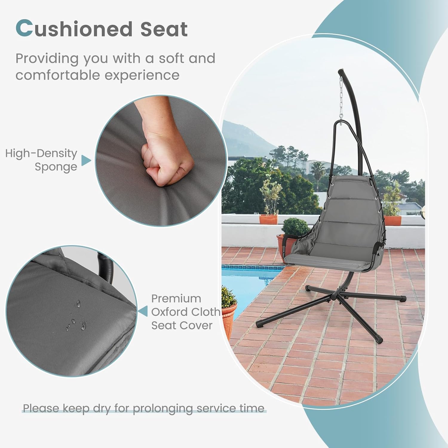 Giantex Silla colgante con soporte, hamaca columpio con asiento acolchado extragrande, marco de metal resistente, silla hamaca para interiores y