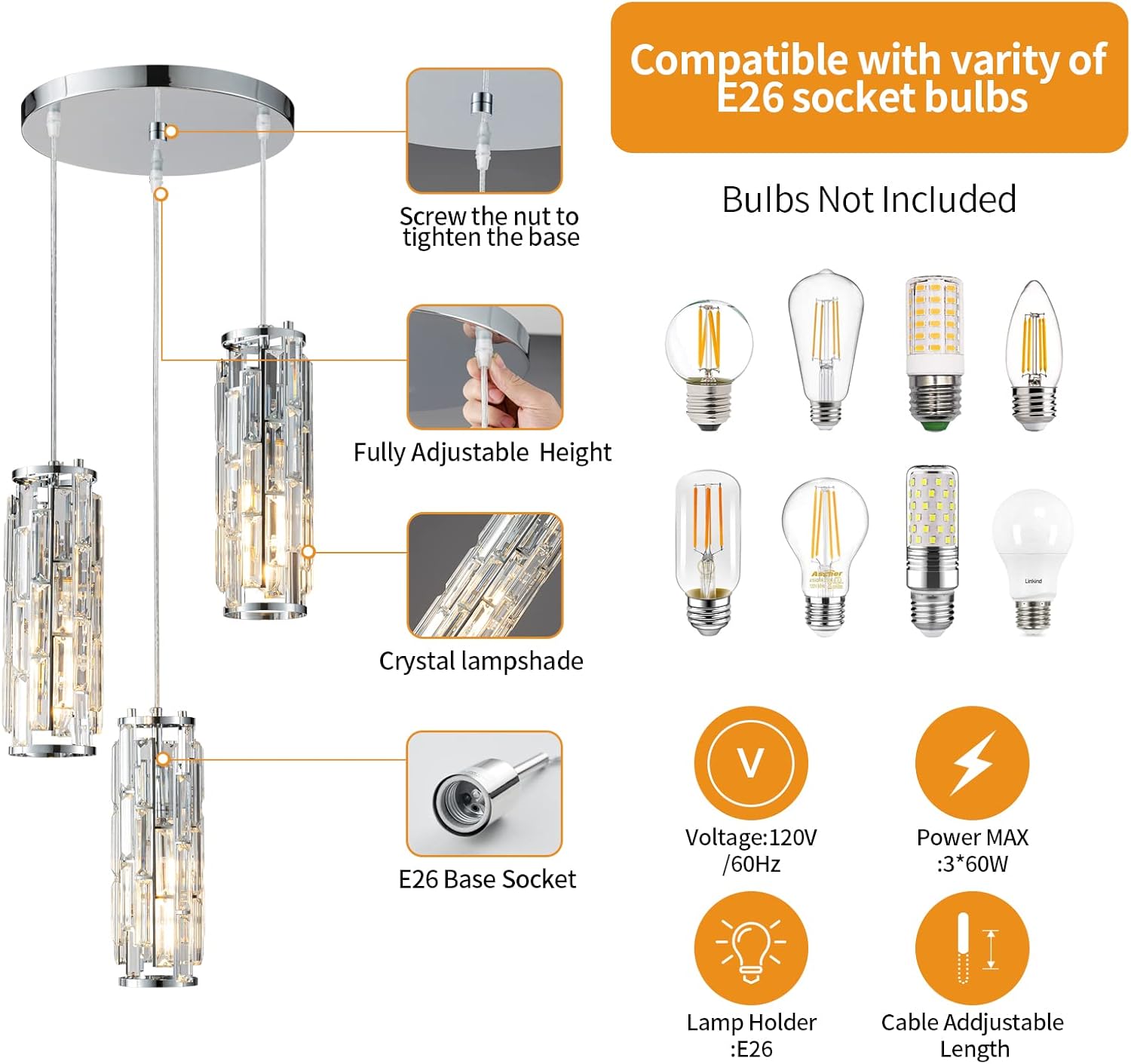 LMQNINE – 3 luces para iluminación colgante de cromo, lámpara colgante moderna, mini candelabros de cristal, lámpara colgante ajustable para cocina,