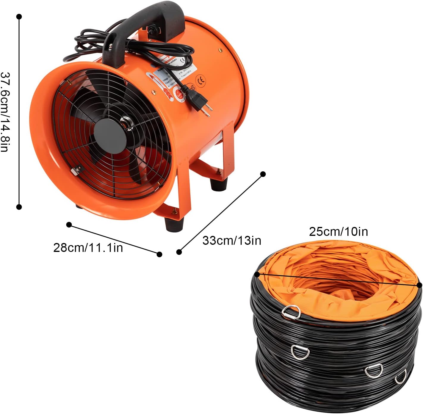 LUGBING Ventilador de utilidad, ventilador portátil de 10 pulgadas, 320 W, soplador de alta velocidad, potente extractor de humos de bajo ruido con