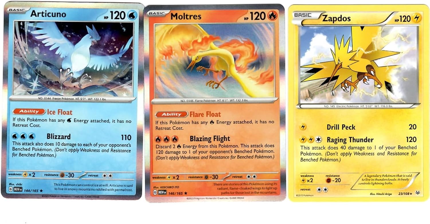 Articuno Moltres Zapdos – Lote legendario de cartas de Pokemon – 144165-23108 – Pokemon 151 – Cielos rugientes