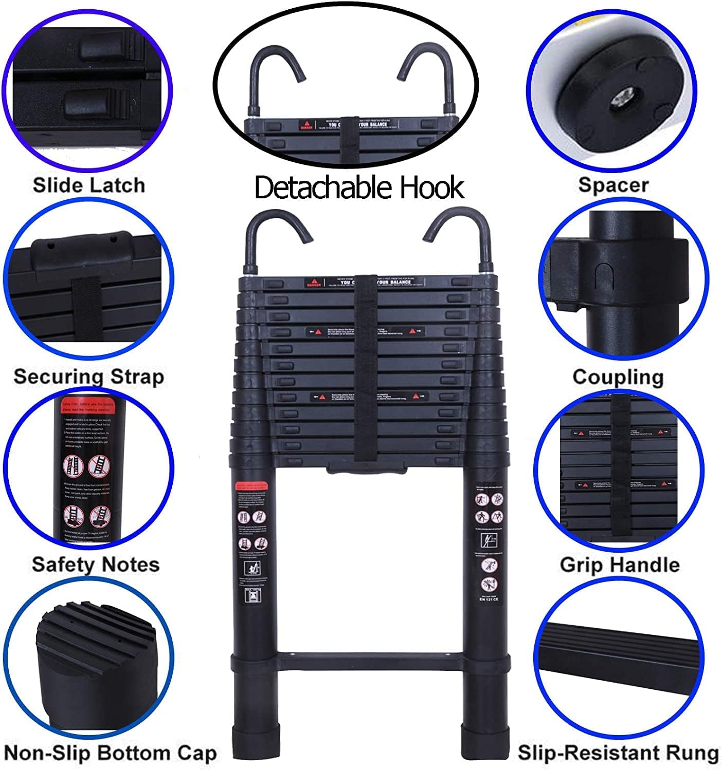Escalera telescópica de aluminio de 12.5 pies con 2 ganchos desmontables, escalera plegable ligera portátil multiusos para exteriores, hogar,