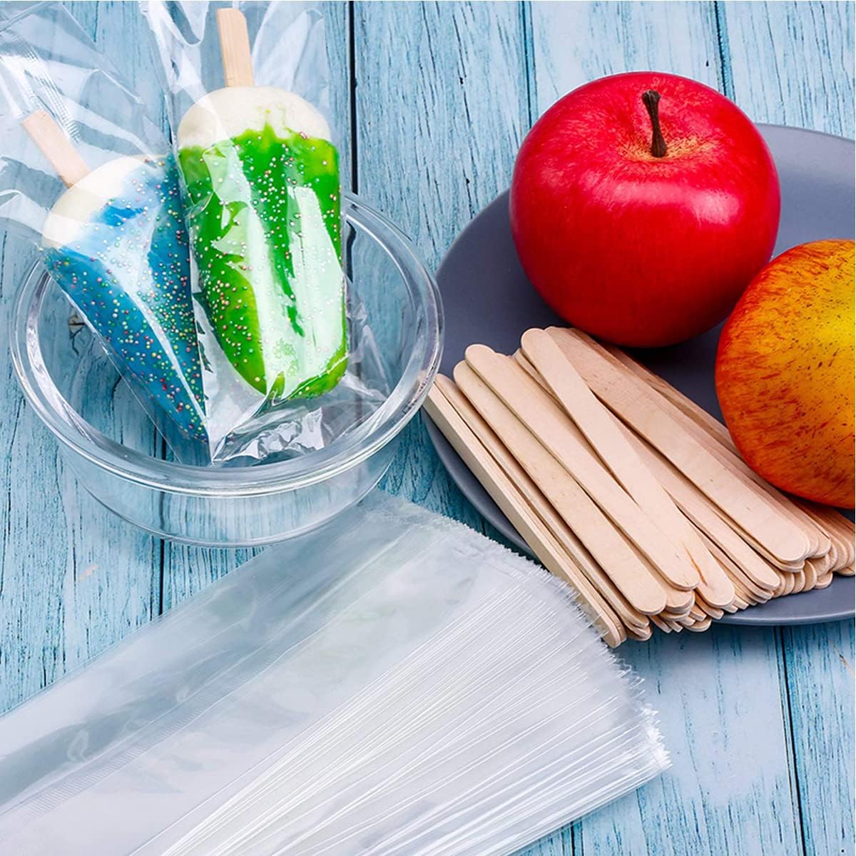 Bolsas de paletas y palitos gruesos para helados, bolsas de plástico con palitos de madera para tartas de helado, 200 unidades