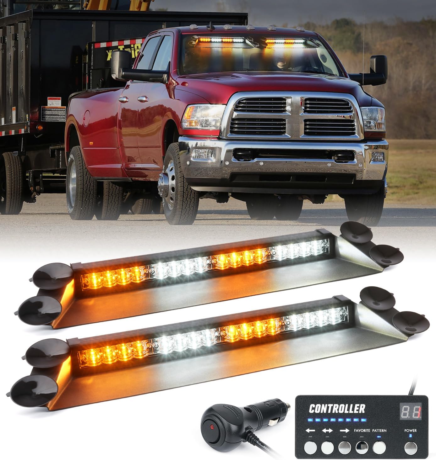 LUMENIX Barra de luces estroboscópicas de emergencia con controlador LED ámbar blanco para parabrisas de advertencia de tráfico, advertencia de