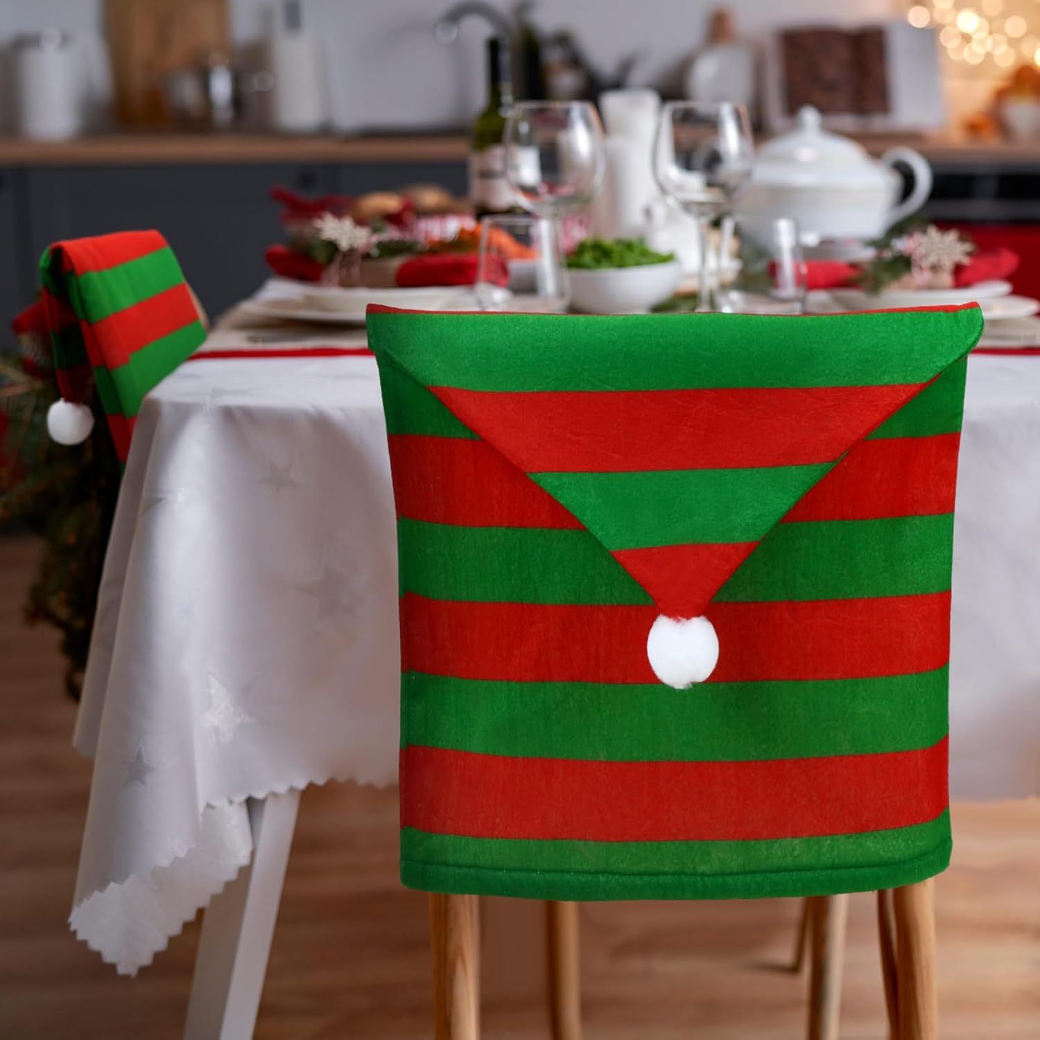 Juego de 8 fundas navideñas para sillas de Papá Noel, con sombrero de elfo de Navidad, fundas para sillas de respaldo de silla de Navidad para el