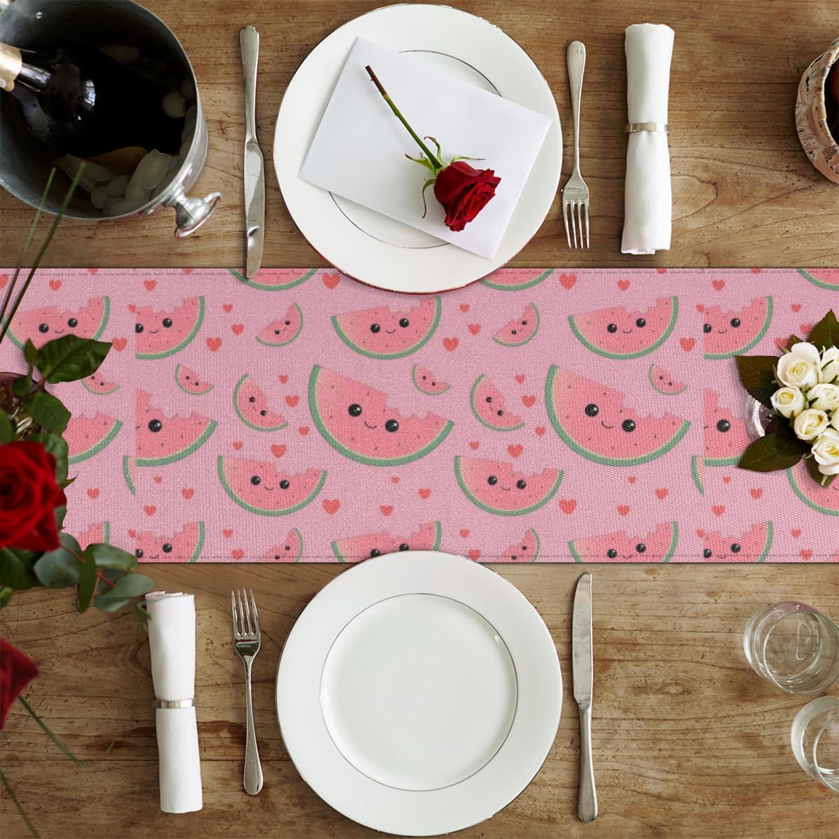 Bonito camino de mesa rosa sandía estilo lino de 13 x 36 pulgadas, camino de mesa rústico de granja, decoración de mesa de cocina, comedor, boda,