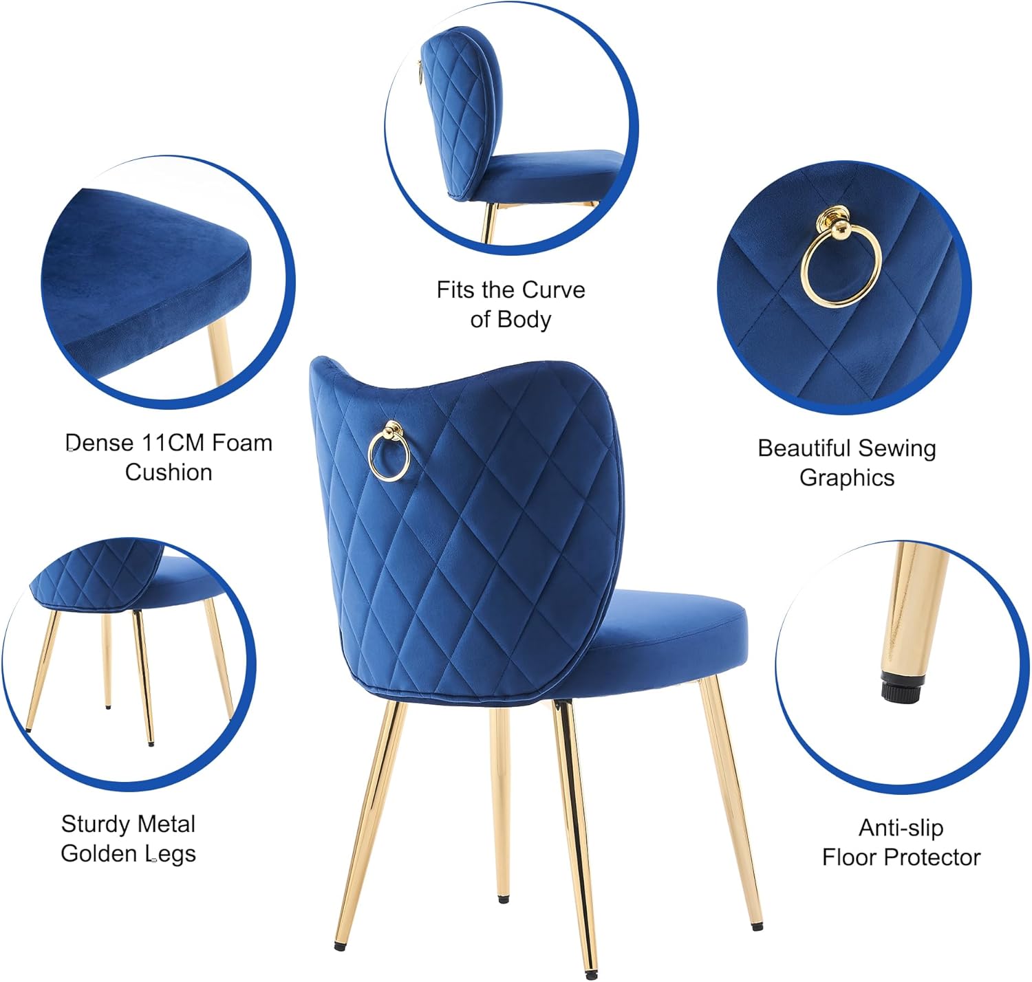 RHYNZEE Sillas de terciopelo sin brazos para sala de estar, comedor con patas de metal dorado, silla auxiliar tapizada moderna de mediados de siglo