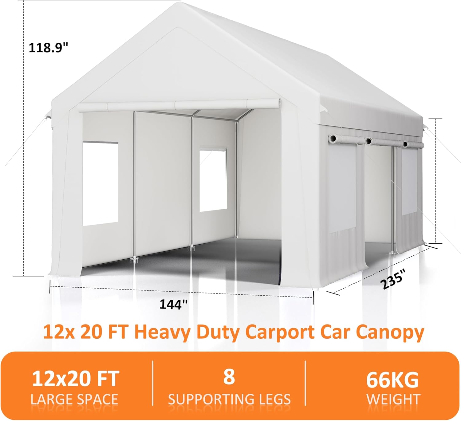 Carport – Toldo resistente de 12 x 20 pies con base mejorada y puerta de apertura lateral, garaje portátil para camioneta, barcos, automóvil y