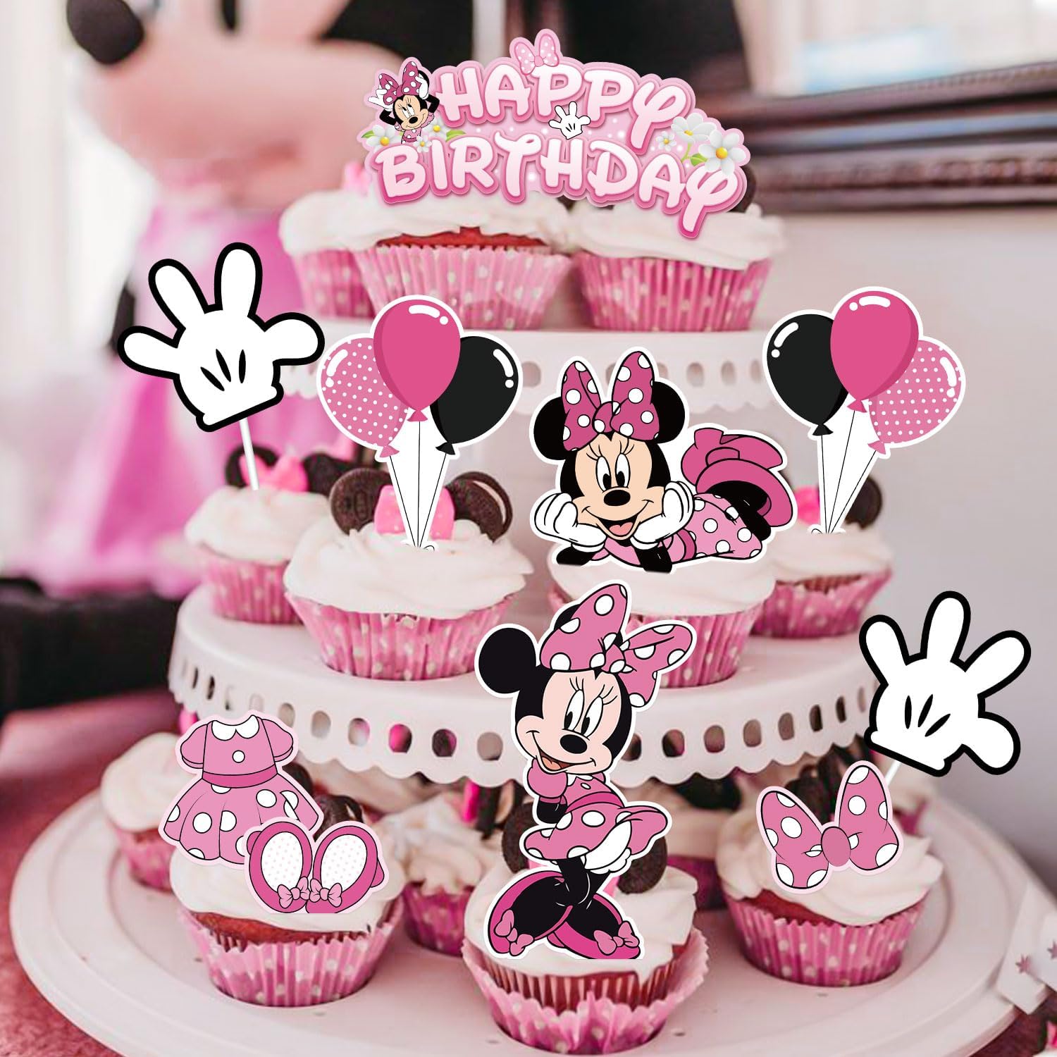 EnlSinr 9 piezas de decoración de pastel de Minnie rosa para niñas, lazo rosa y guantes blancos, decoración de cumpleaños de ratón, decoración de