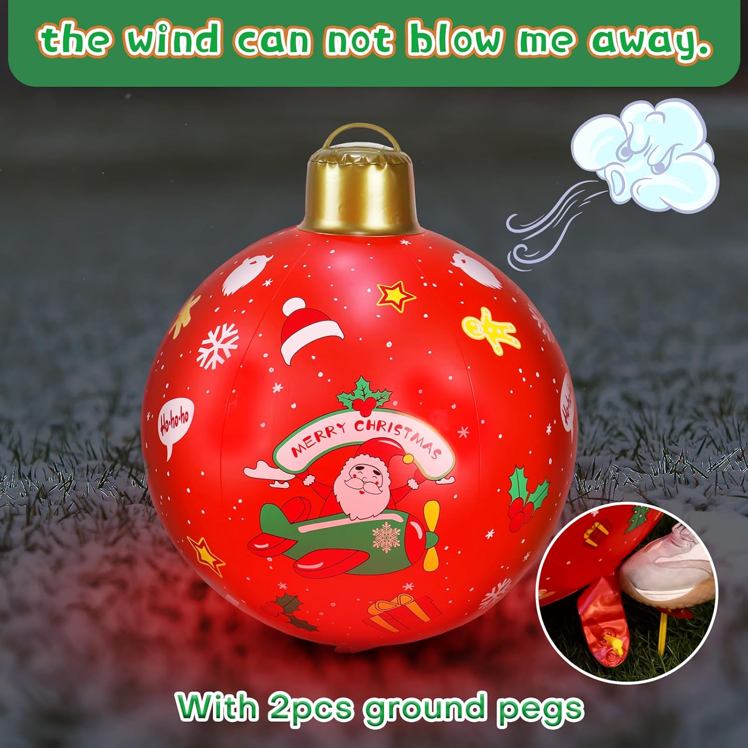 JOSEN Bola de Navidad inflable con luz solar, PVC, decoración de Navidad al aire libre, 24 pulgadas, adornos inflables grandes de Navidad gigantes