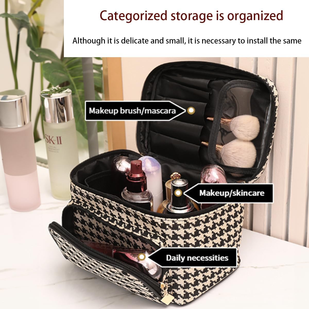 Bolsa de maquillaje de pata de gallo, bolsa de maquillaje para mujer, bolsa de viaje para artículos de tocador, bolsa de cosméticos de