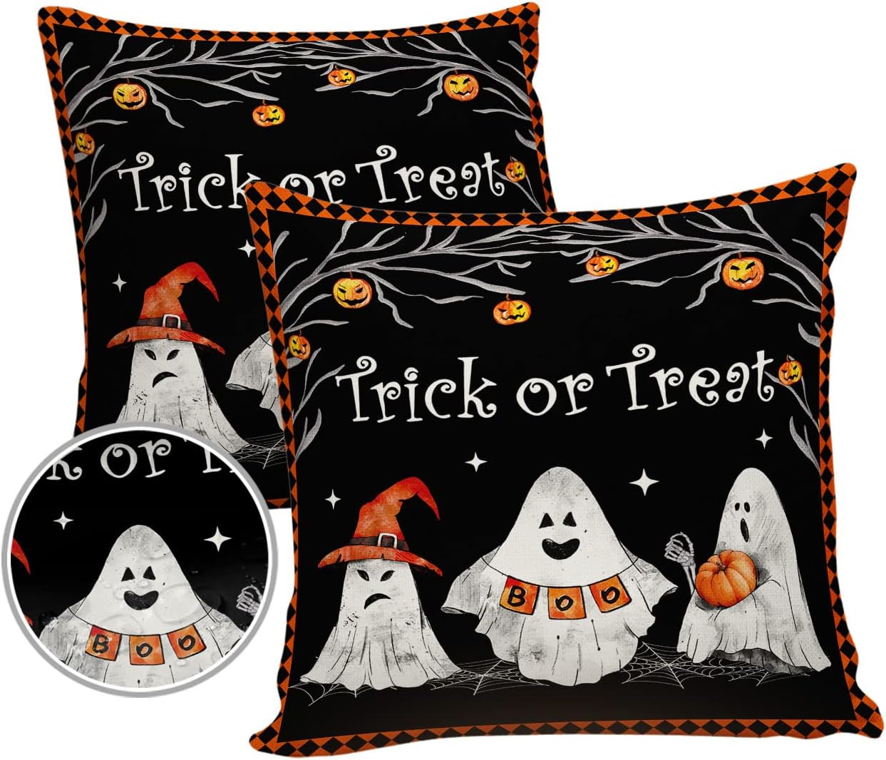 Fundas de almohada impermeables para exteriores, 16 x 16 pulgadas, diseño de fantasma y calabaza, sombrero de bruja, fundas de cojín decorativas