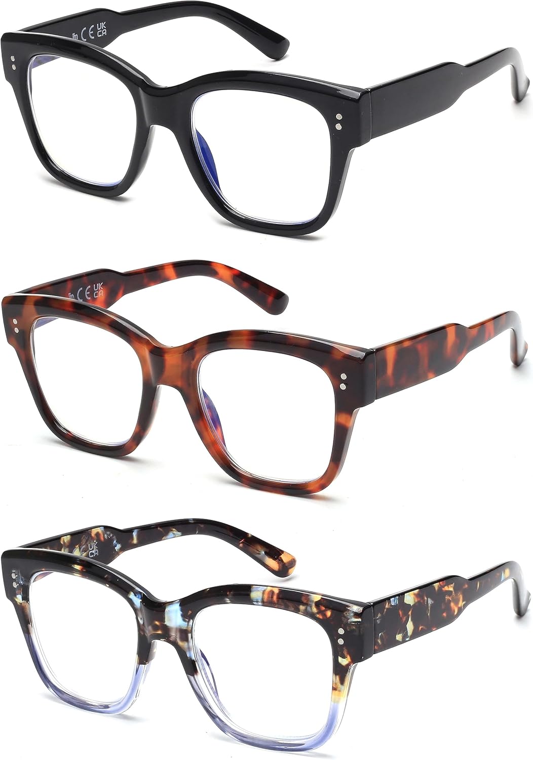 JM – Paquete de 3 lentes de lectura estilo Oprah para mujeres y hombres, cuadrados de gran tamaño, con bloqueo de luz azul