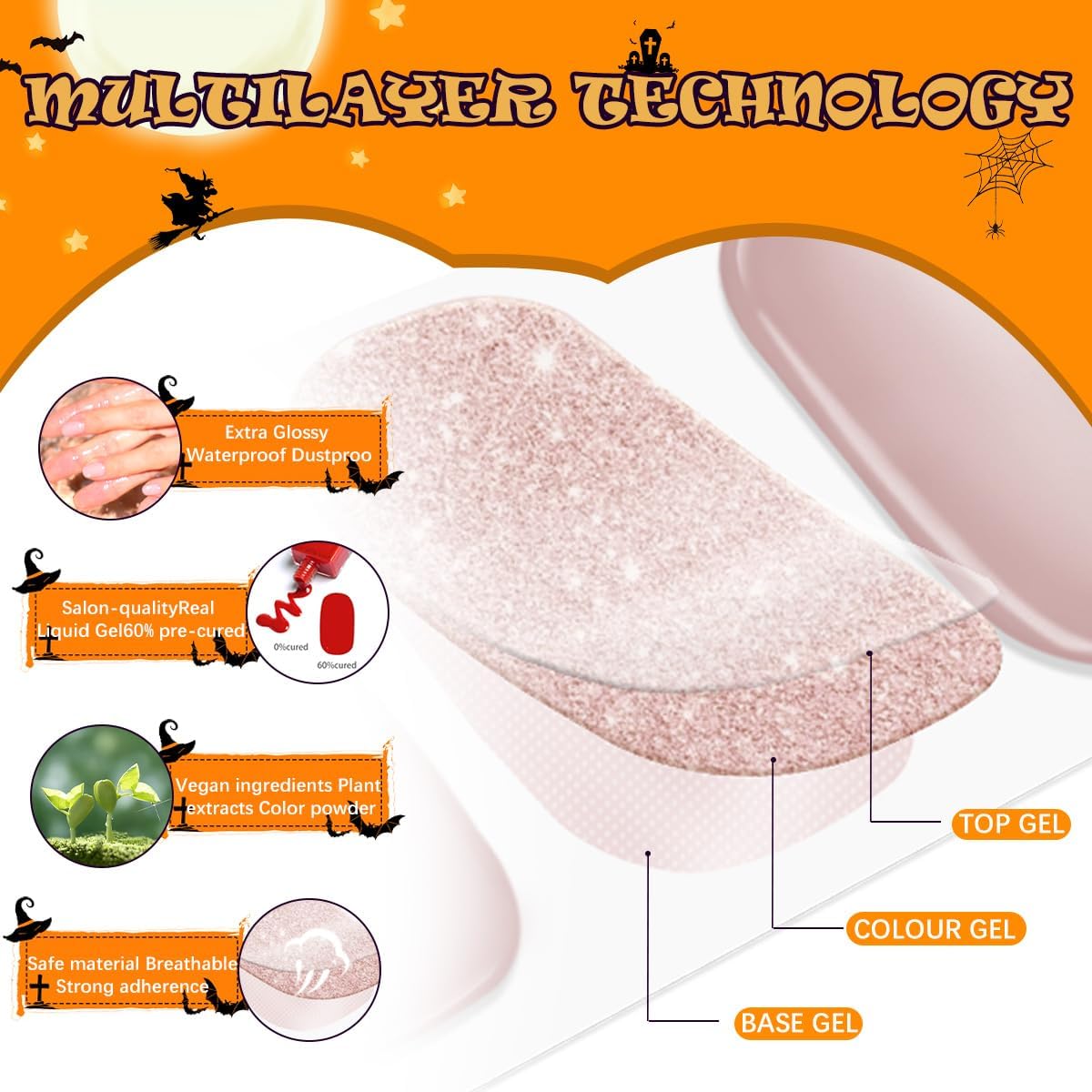 Calcomanías de uñas de gel semicuradas para Navidad, 24 unidades, de larga duración, calidad de salón, tiras de uñas de gel semicuradas UV para