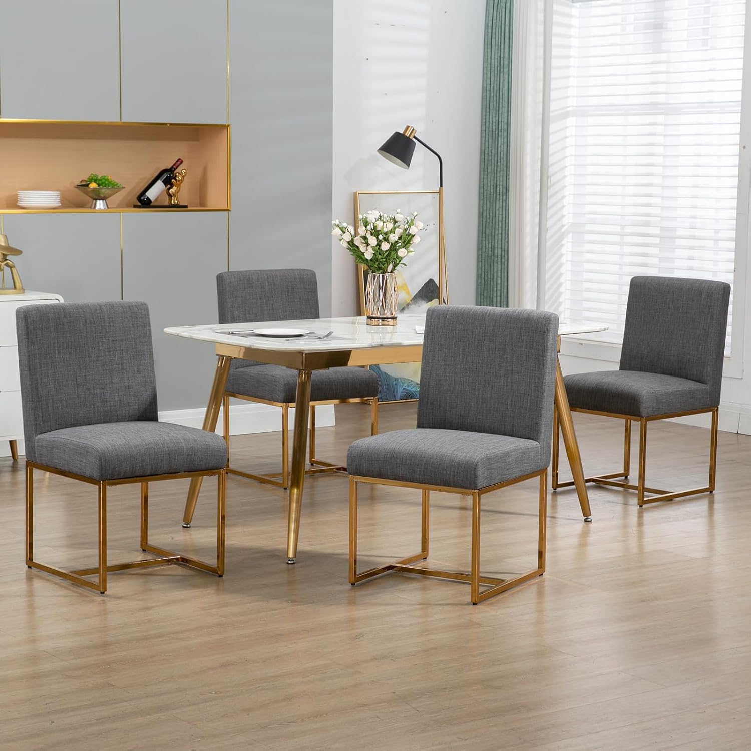 Newnno Juego de 2 sillas de comedor modernas de mediados de siglo, sillas tapizadas de lino con respaldo alto para cocina y comedor con marco de