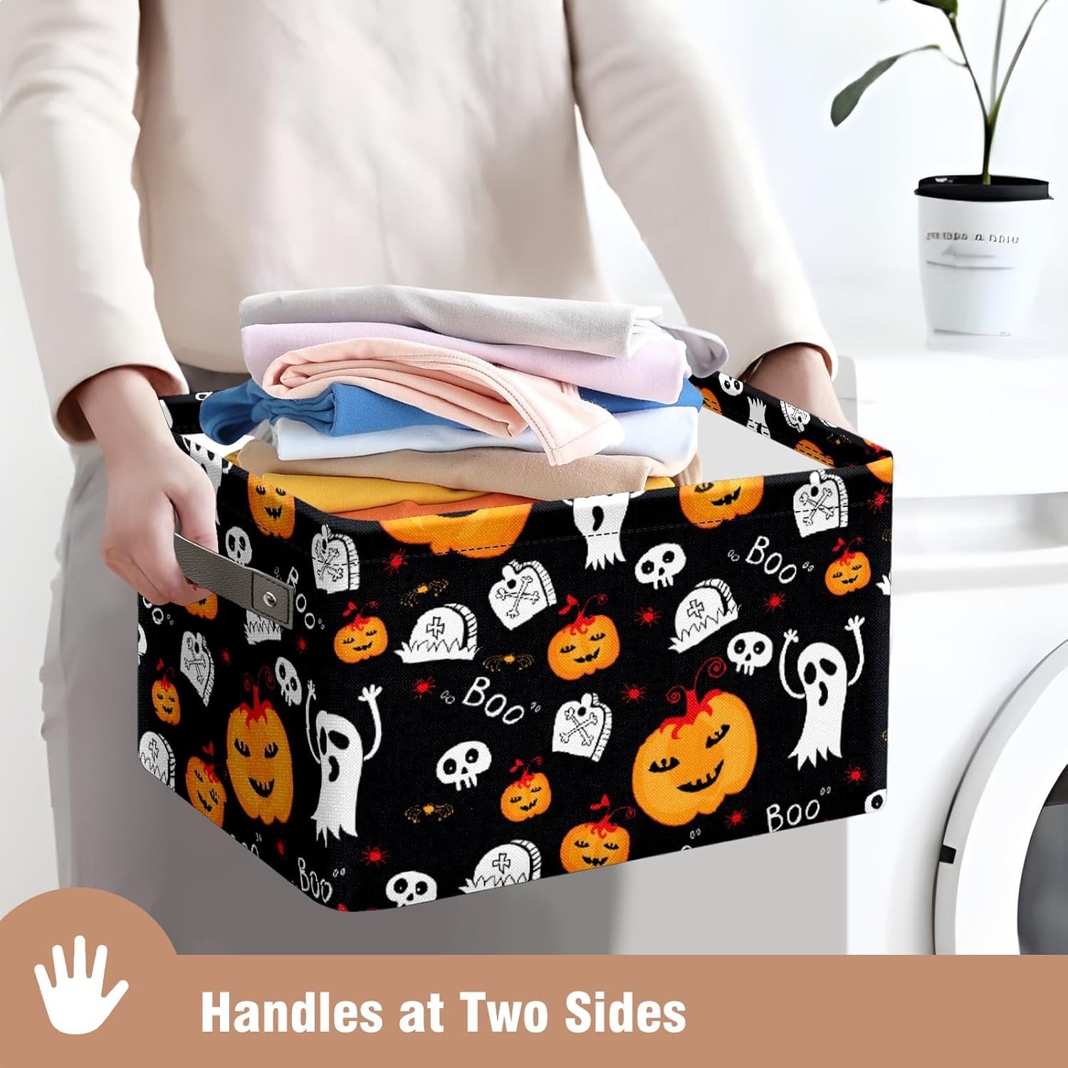 Boo Basket – Bolsas de calabaza con asas, organizador de tela decorativa, cajas de almacenamiento, cestas de Halloween para adultos