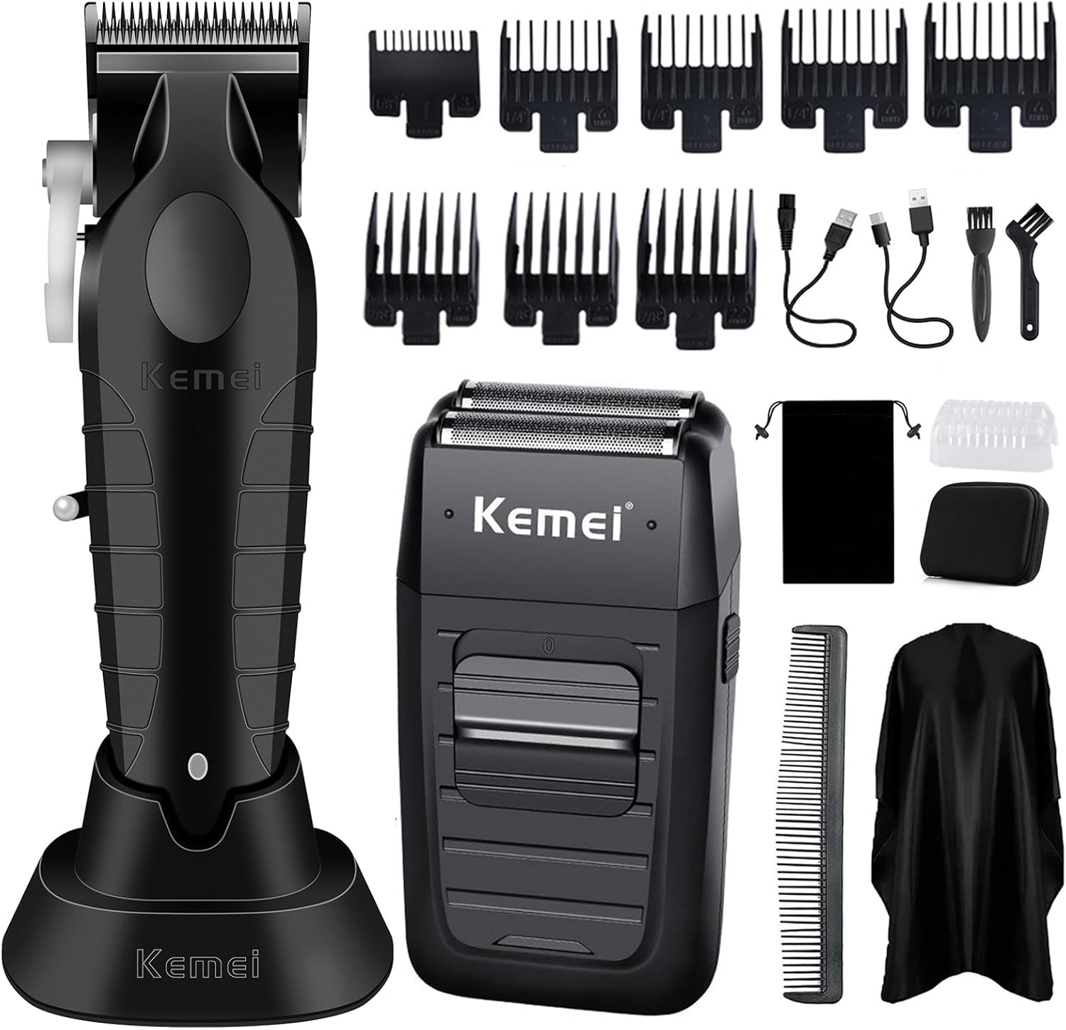 KEMEI Juego de cortapelos y afeitadora profesional inalámbrica para hombres, cortadoras eléctricas de barba de doble lámina, kit de corte de pelo de
