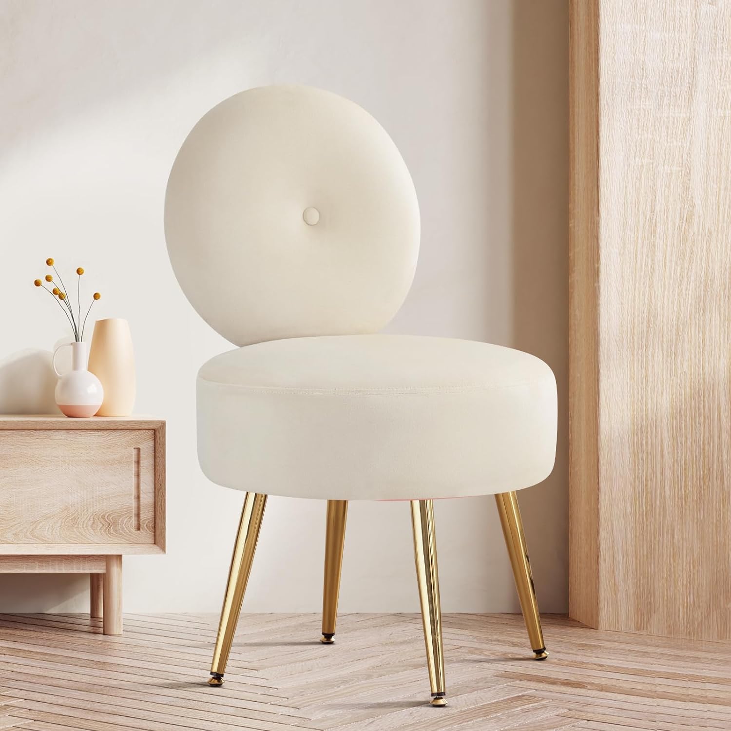 Furniliving Silla de tocador sin brazos para sala de maquillaje, taburete de tocador de terciopelo con respaldo, silla de sala de estar con patas de