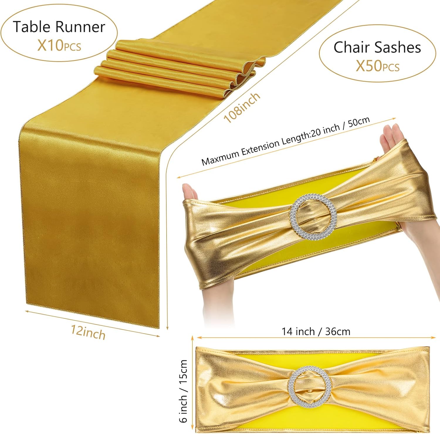 Tiamon 50 bandas de elastano para sillas con camino de mesa de satén de 11.8 x 108 pulgadas, banda de silla con hebilla deslizante para silla, banda