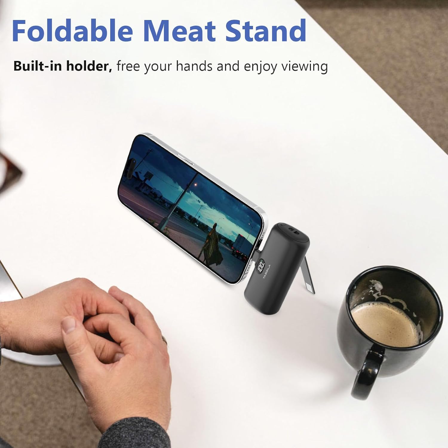 Taegila Cargador portátil pequeño para iPhone de 5000 mAh con cable integrado y soporte de metal, banco de energía compacto certificado MFi con