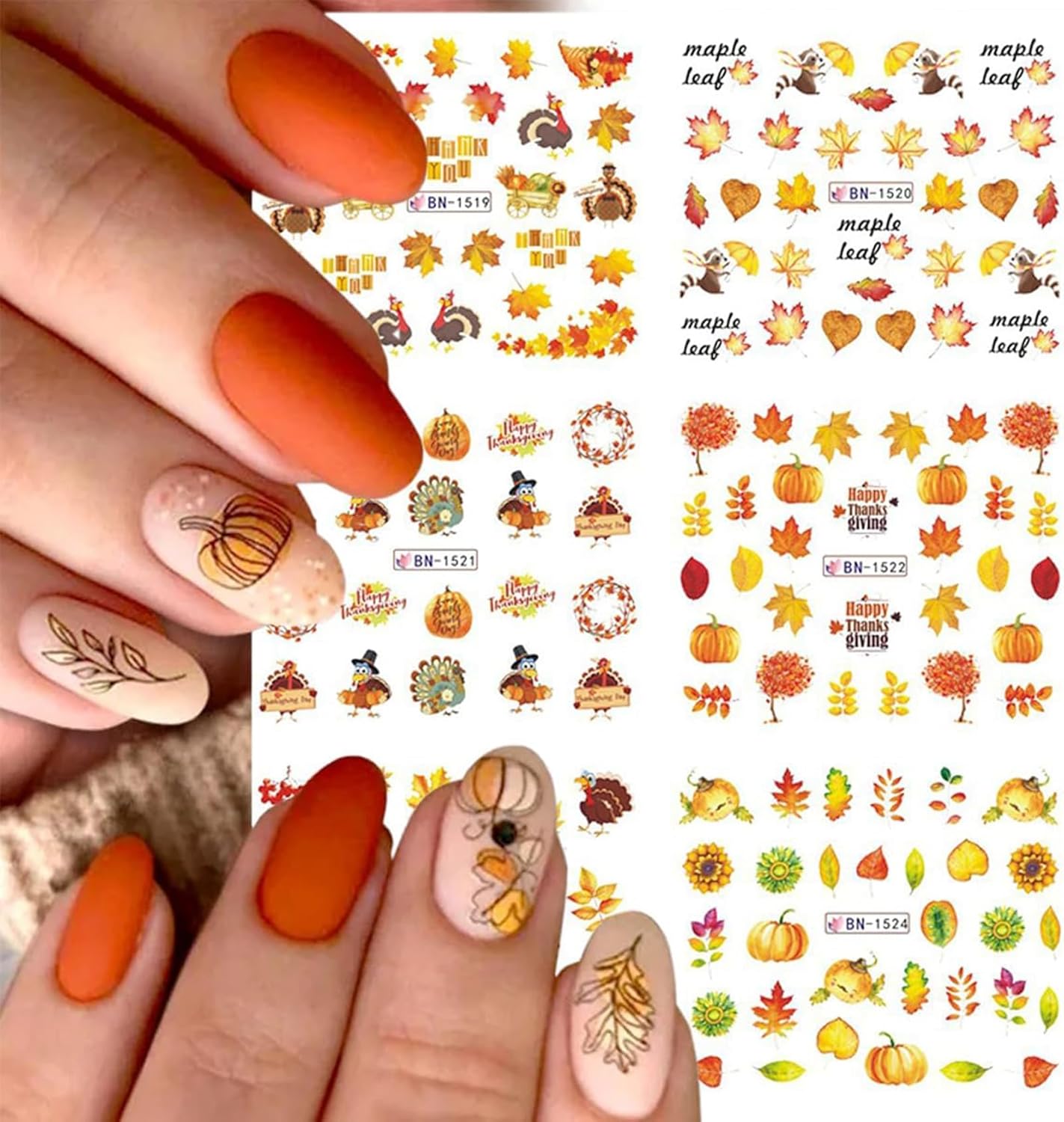 Calcomanías de arte de uñas de otoño, calcomanías de uñas de Acción de Gracias, hoja de arce, pavo, transferencia de agua, calcomanías de uñas de
