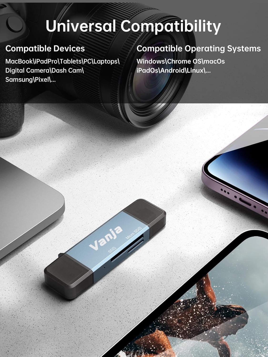 Vanja Lector de tarjetas SD, adaptador de tarjeta micro SD USB CUSB 3.0, lector de tarjetas de memoria para SDMicro SDSDHCSDXCMMC, compatible con
