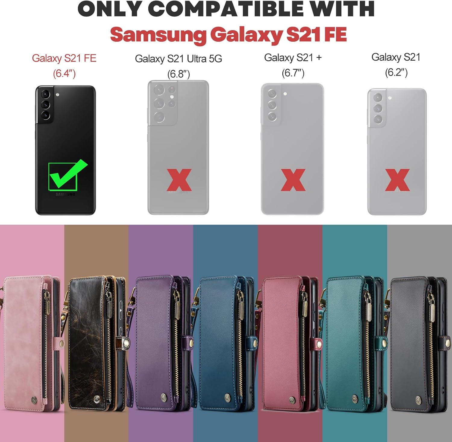 Defencase Funda para Samsung Galaxy S21 FE, para Galaxy S21 FE 5G, cartera para mujeres y hombres, correa magnética de piel sintética duradera, con