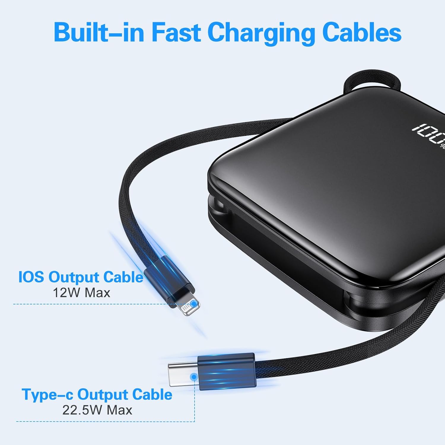 20000mAh Power Bank Carga rápida 22.5W 20W PD USB C Cargador portátil con cables integrados Batería externa universal Paquete de energía Banco de