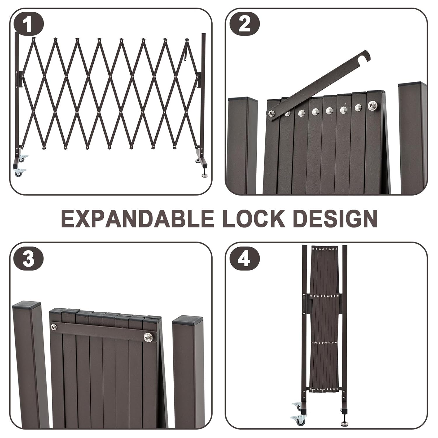 Barricada expandible para patio, barricada de aluminio de 129.9 x 17.7 x 40.6 pulgadas, barricada de seguridad plegable con ruedas, puerta flexible