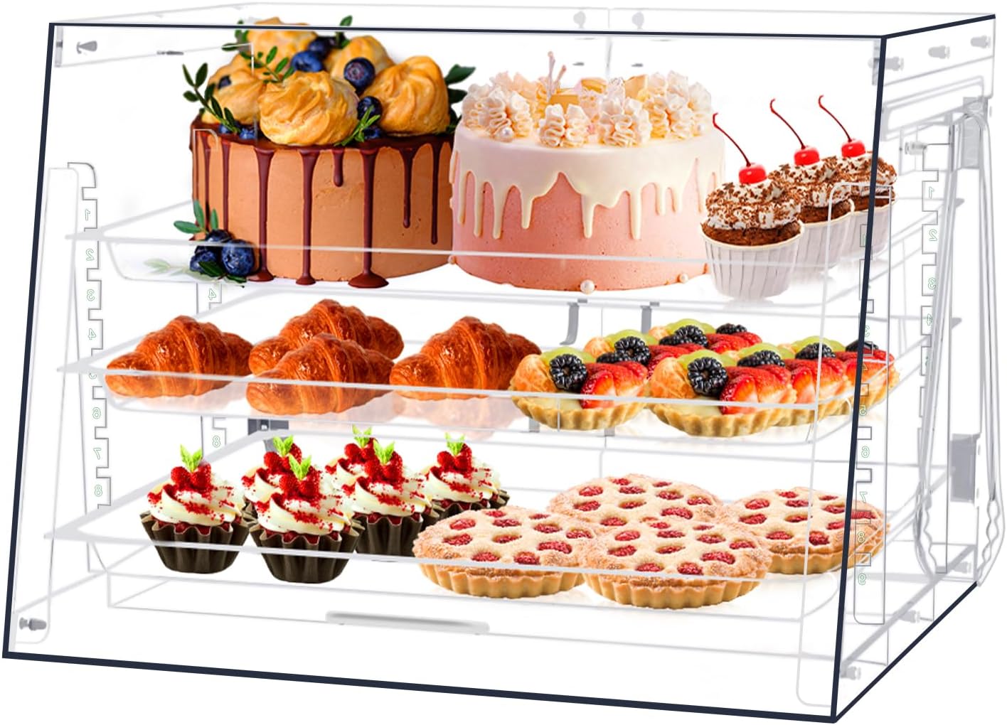 Estuche de exhibición de pastelería, caja de pan transparente, vitrina de panadería extraíble de 3 niveles con pinza para pan, vitrina comercial