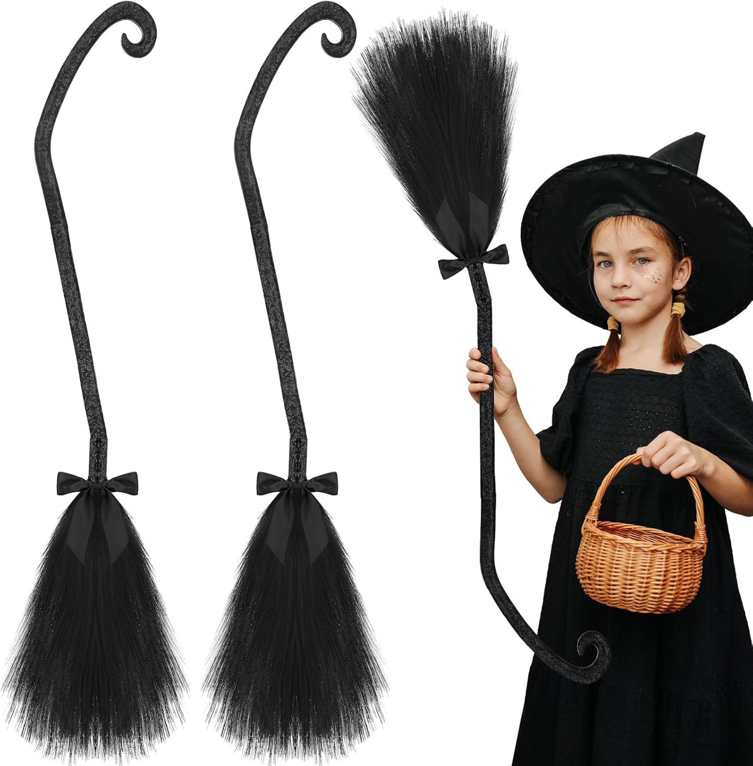 Escoba de bruja de Halloween, escoba de bruja de Halloween con cintas, accesorios de bruja de mago, decoración de bruja, disfraz de bruja, escoba