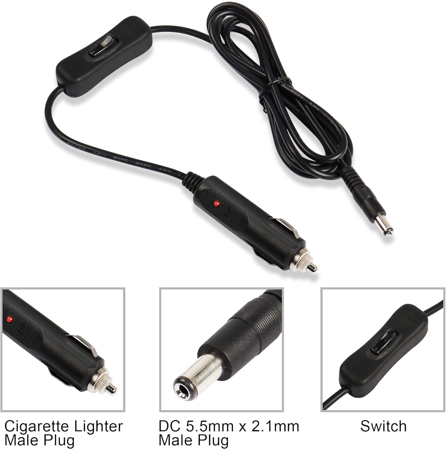 GINTOOYUN Adaptador de fuente de alimentación de extensión de encendedor de cigarrillos de automóvil de 12 V 24 V DC5521 con interruptor 304,