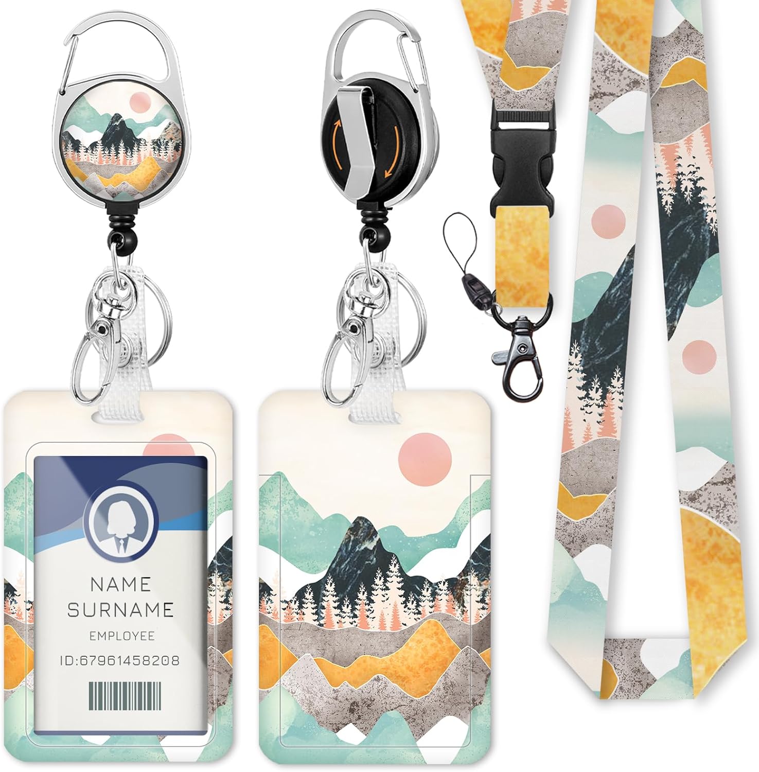 Gctriki Soporte para tarjetas de identificación con cordón, cordón de montaña de amanecer para llaves, clip retráctil de carrete de insignia de