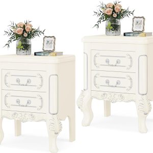 Tribesigns Juego de 2 mesitas de noche blancas, mesa auxiliar con 2 cajones, mesas de noche talladas, mesa auxiliar para dormitorio, sala de estar, Tribesigns Juego de 2 mesitas de noche blancas, mesa auxiliar con 2 cajones, mesas de noche talladas, mesa auxiliar para dormitorio, sala de estar,