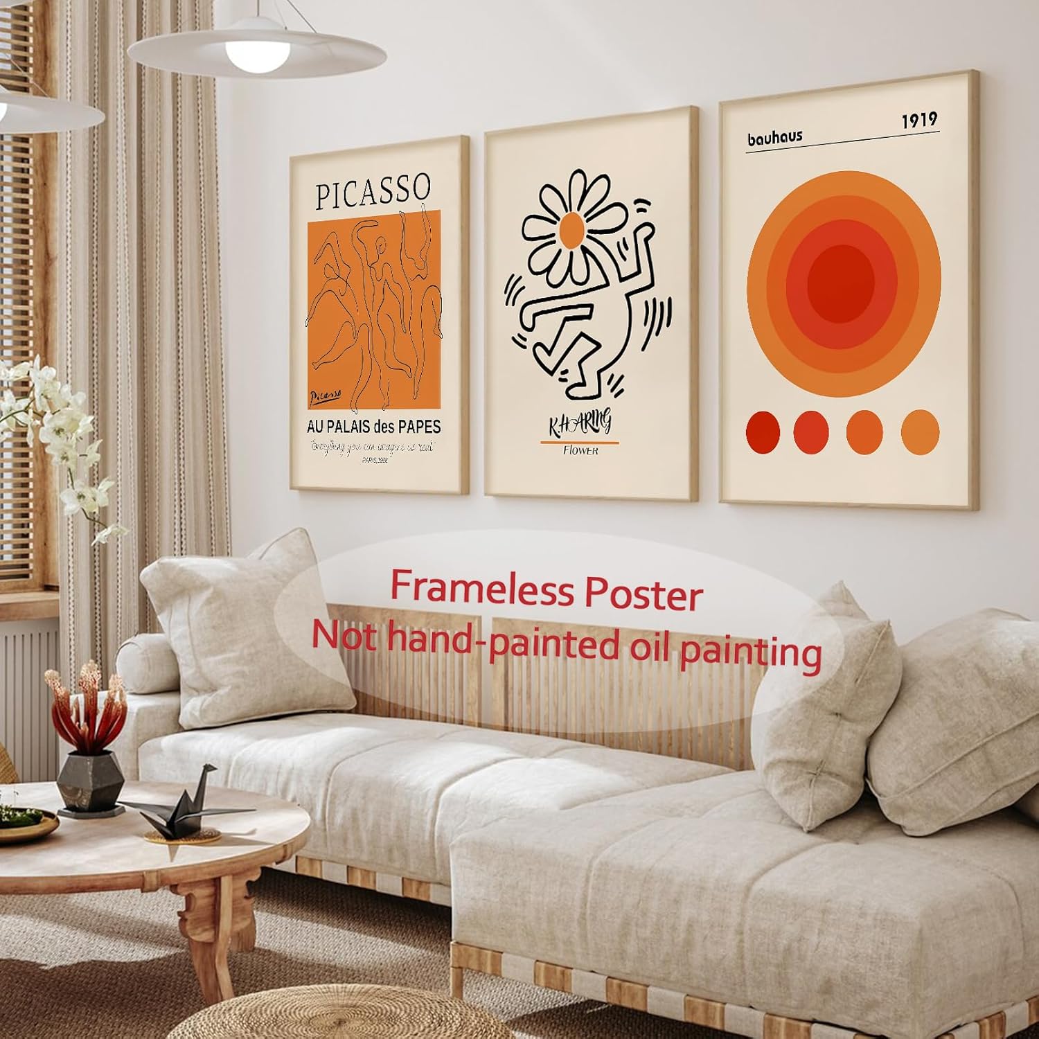 Arte de pared naranja de mediados de siglo, Keith Haring Bauhaus Picasso, arte de pared, póster de la exposición Picasso Bauhaus, lienzo beige y