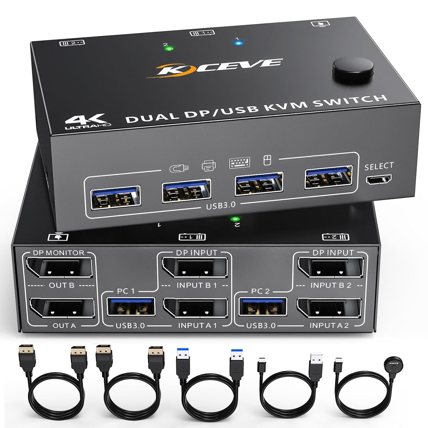 Displayport KVM Switch 2 Monitores 2 Computadoras, 8K 60Hz 4K 120Hz DP USB 3.0 KVM Switch para 2 computadoras Comparte 1 monitor y 4 puertos USB