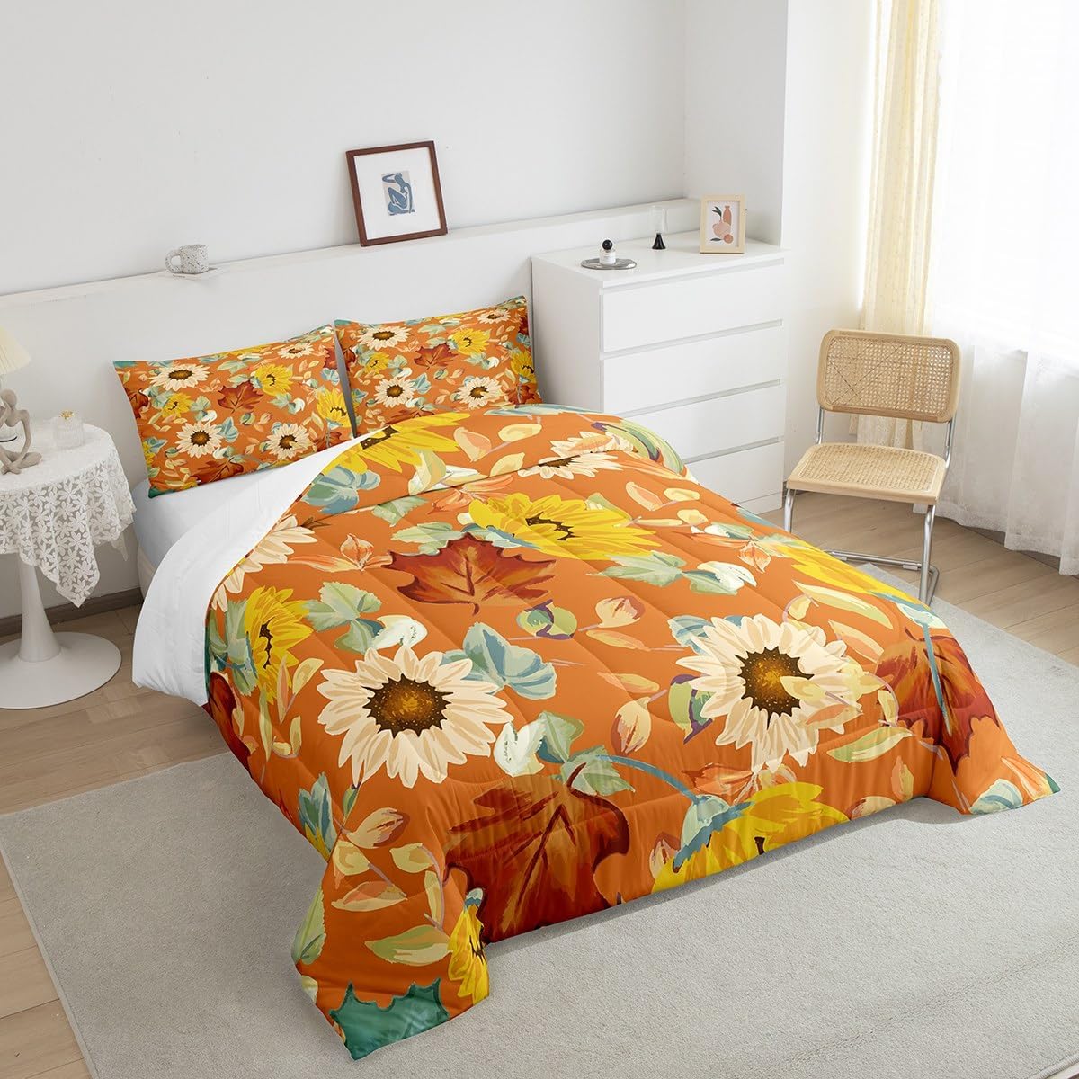 Erosebridal Juego de ropa de cama de otoño, tamaño Queen, color beige, girasol, amarillo, verde, marrón, naranja, juego de edredón de flores de