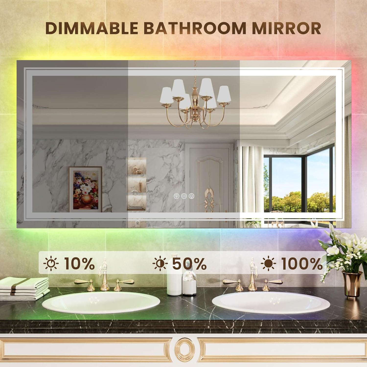 WTTY Espejo de baño LED de 60 x 30 pulgadas con retroiluminación RGB y luz frontal, espejo LED regulable continuo para baño, espejo de tocador de