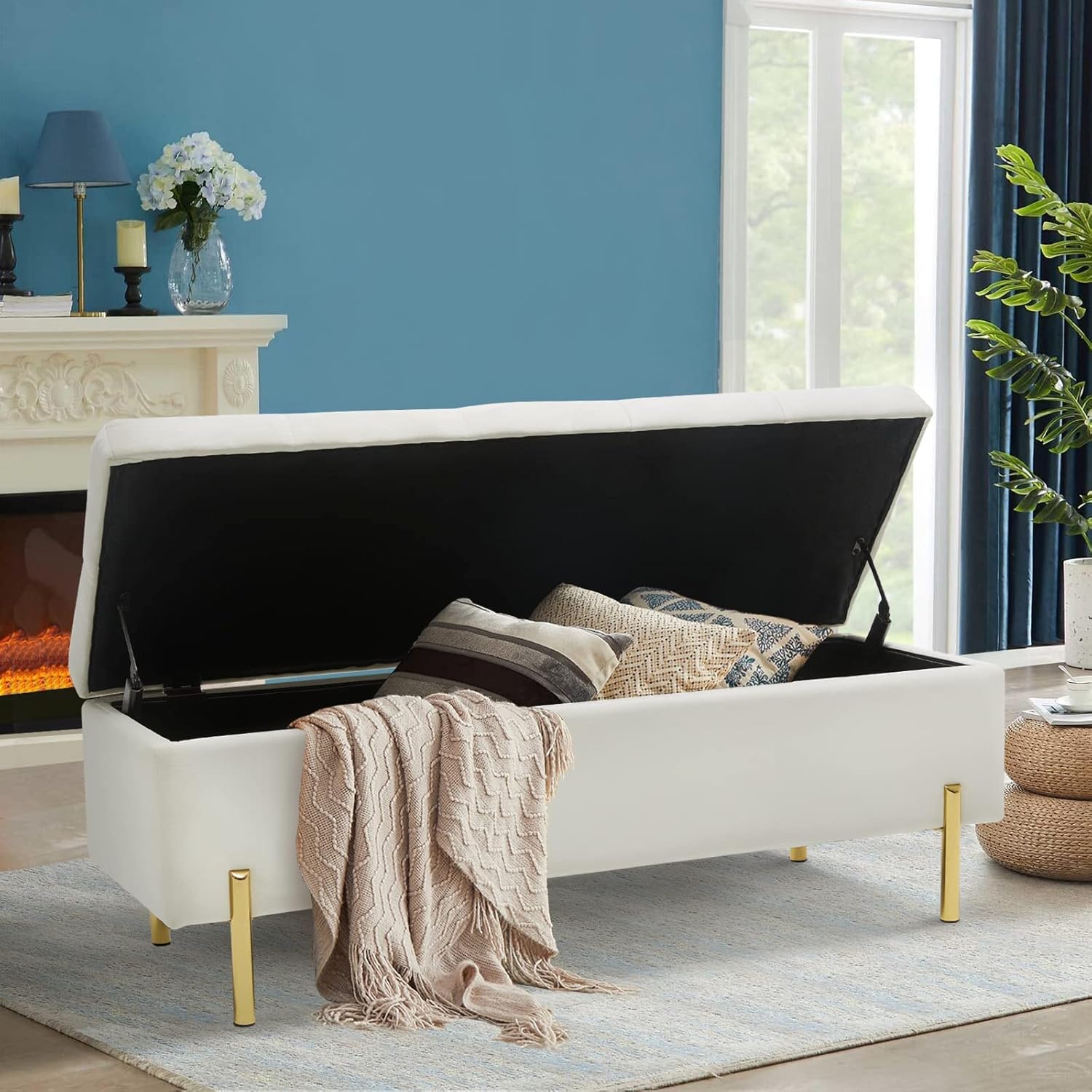 TUOMUR 45 Inch Velvet Storage Bench Upholstered Tufted Settee Ottoman Bench with Storage, Bed End Bench with Soft Close Lid, for Bedroom, Living